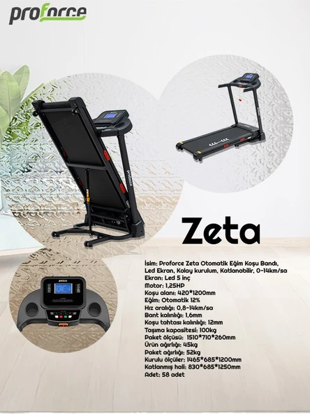 Proforce Zeta Otomatik Eğim Koşu Bandı, Led Ekran, Kolay Kurulum, Katlanabilir, 0-14km/sa - 2