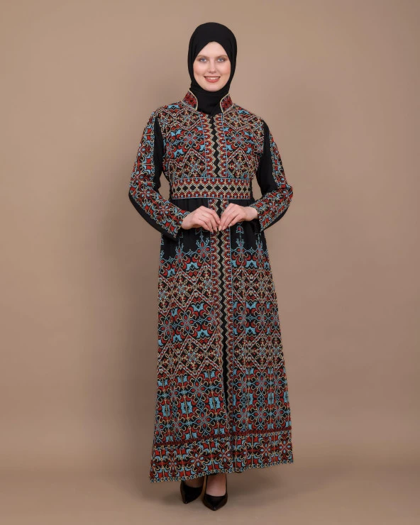 Dik Yakalı Fermarlı Kapamalı Çift Yüzlü Nakışlı Geleneksel Kadın Elbise M-3XL  C100011