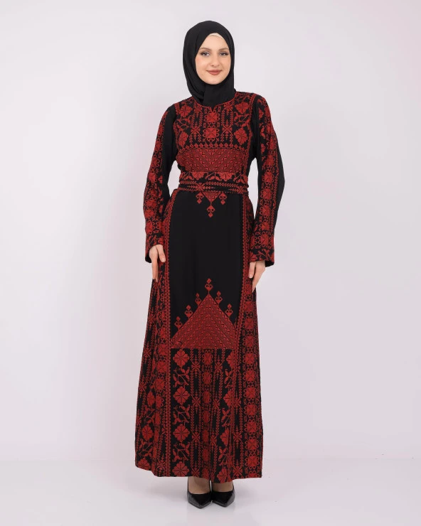 Üçgen Geleneksel Kalın Çift Nakışlı Yırtmaçlı Yakalı Filistinli Kadın Elbise M-3XL C100009