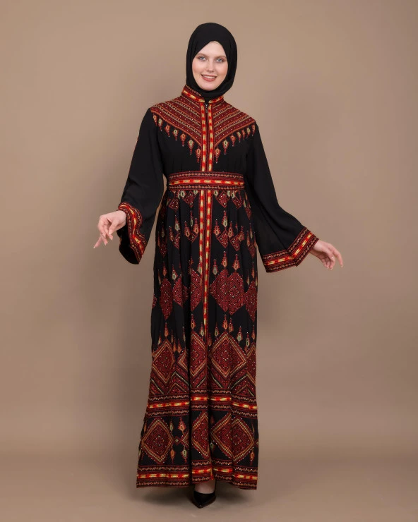 Ajurlu İspanyol Kollu Dik Yakalı Fermuarlı Nakışlı Geleneksel Kadın Elbise M-3XL C100021