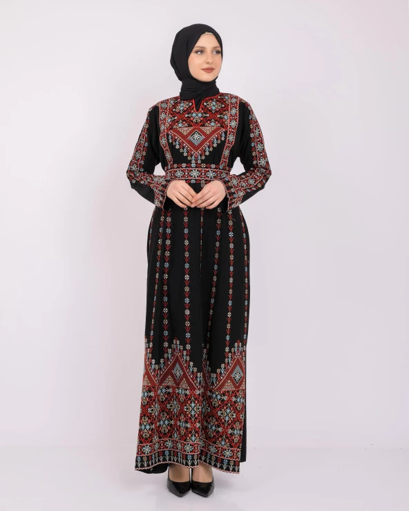 Mahsul Başak Nakışlı Yırtmaçlı Geleneksel Filistinli Kadın Elbise M-3XL  C10008