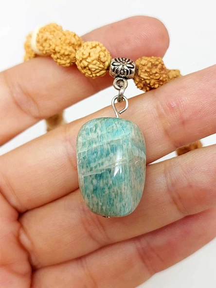 Amazonit Taşlı Rudraksha Tohum Kolye Dolama Bileklik 8mm (49700) - 3