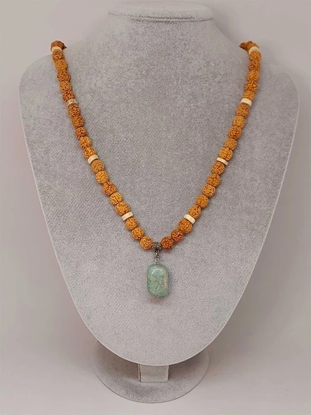 Amazonit Taşlı Rudraksha Tohum Kolye Dolama Bileklik 8mm (49700) - 4