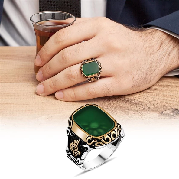 Yeşil Akik Taşlı Tuğra Desenli Gümüş Erkek Yüzük - 10