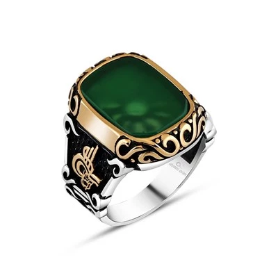 Yeşil Akik Taşlı Tuğra Desenli Gümüş Erkek Yüzük - 5