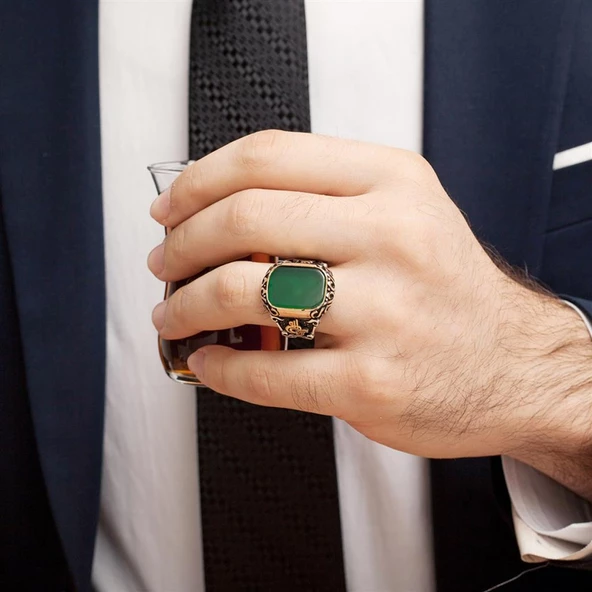 Yeşil Akik Taşlı Tuğra Desenli Gümüş Erkek Yüzük - 8