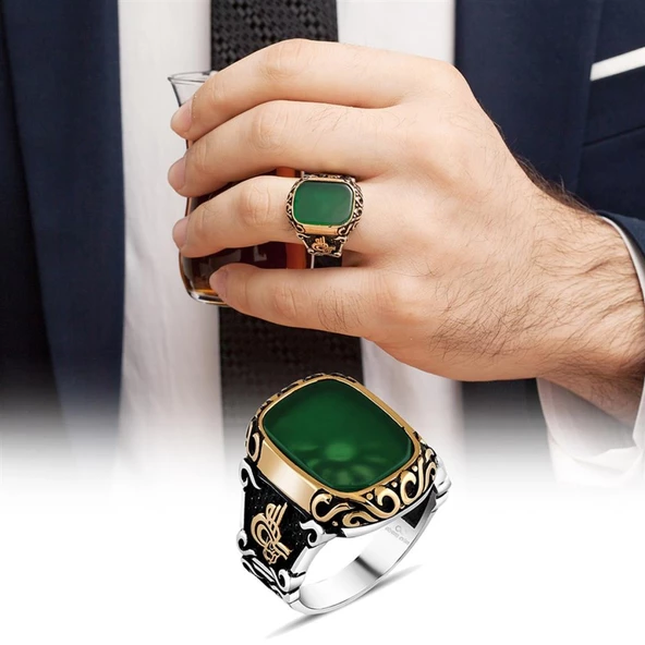 Yeşil Akik Taşlı Tuğra Desenli Gümüş Erkek Yüzük - 11