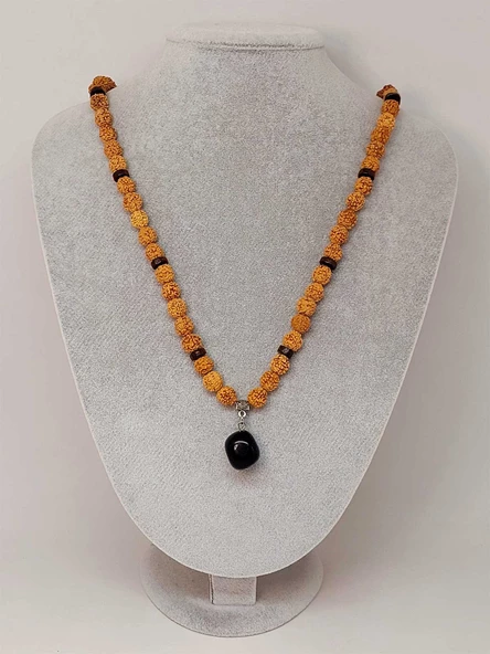 Obsidyen Taşlı Rudraksha Tohum Kolye Dolama Bileklik 8mm (49706) - 2