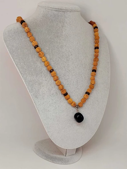 Obsidyen Taşlı Rudraksha Tohum Kolye Dolama Bileklik 8mm (49706) - 4