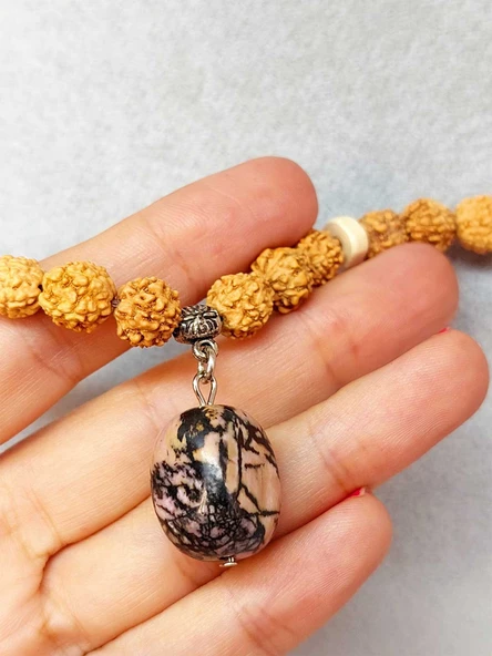 Rodonit Taşlı Rudraksha Tohum Kolye Dolama Bileklik 8mm (49708) - Resim 5