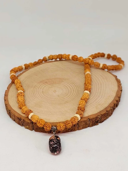 Rodonit Taşlı Rudraksha Tohum Kolye Dolama Bileklik 8mm (49708) - Resim 4