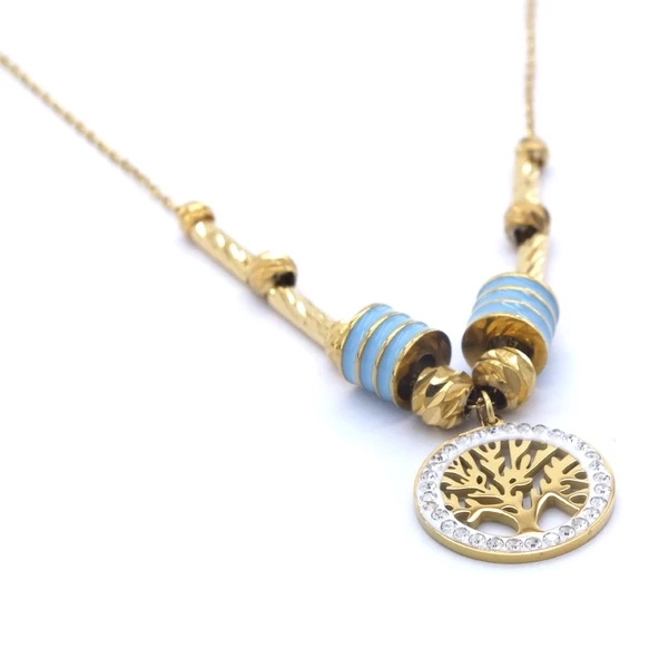 Altın Kaplama Hayat Ağacı Mavi Kadın Kolye KLY-449 - Resim 3