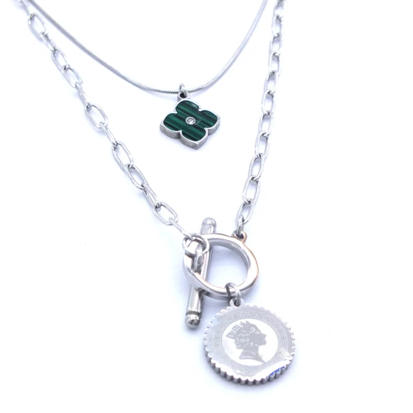 316L Çelik Yeşil Taşlı Para Uçlu Kolye KLY-461 - Resim 3