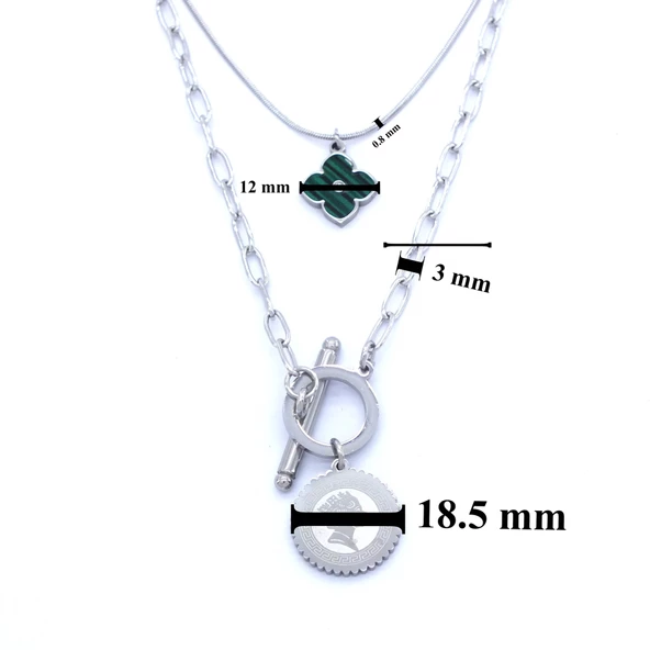 316L Çelik Yeşil Taşlı Para Uçlu Kolye KLY-461 - Resim 4
