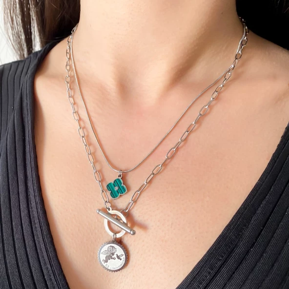 316L Çelik Yeşil Taşlı Para Uçlu Kolye KLY-461 - Resim 2