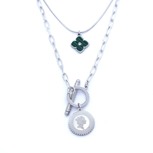 316L Çelik Yeşil Taşlı Para Uçlu Kolye KLY-461 ürün görseli