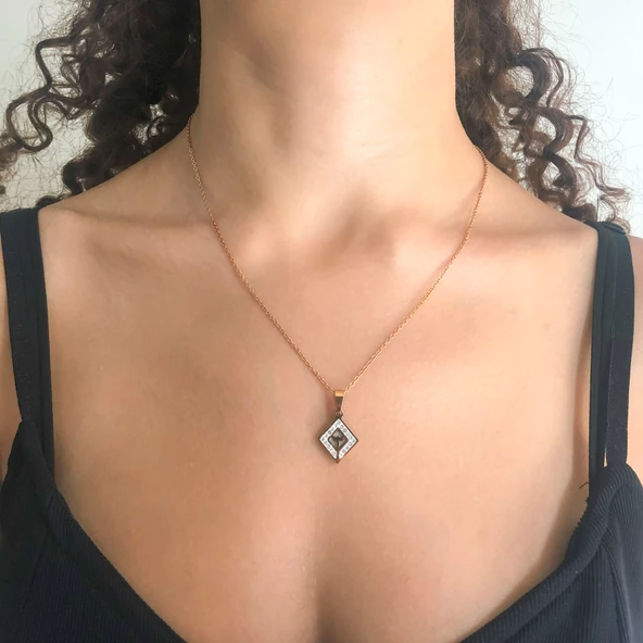 316L Çelik Rose Zirkon Taşlı Baklava Kolye KLY-533 - Resim 2