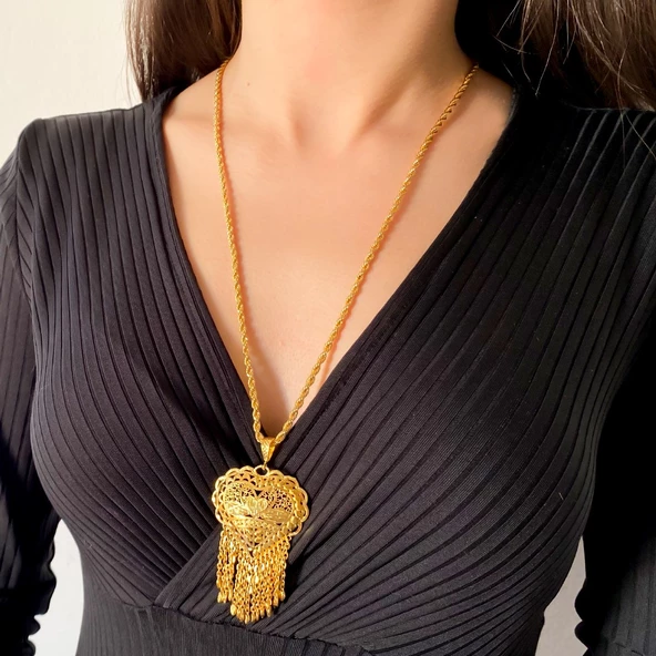 FerizZ Altın Kaplama Hint İşi Kalpli Kadın Kolye 60 cm KLY-471 - Resim 2