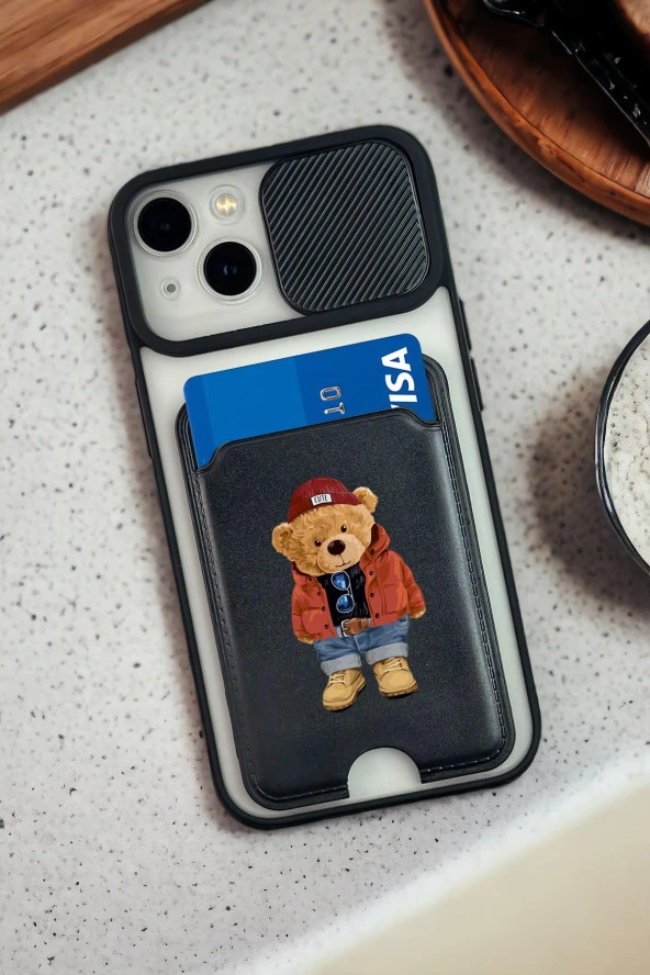 iPhone 13 Uyumlu Teddy Bear Desenli Kamera Koruma Sürgülü ve Kartlıklı Silikonlu Telefon Kılıfı ürün görseli