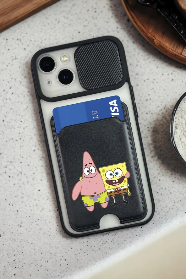 iPhone 13 Uyumlu Sünger Bob ve Patrick Star Desenli Kamera Koruma Sürgülü ve Kartlıklı Silikonlu Telefon Kılıfı ürün görseli 1