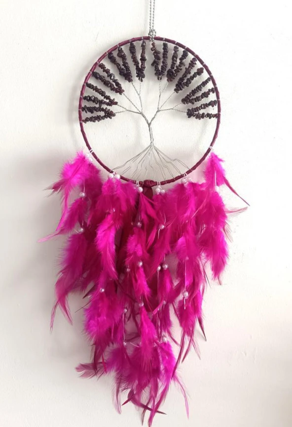 Düş Kapanı Tel Sarma İncili Hayat Ağacı Doğaltaş Kuş Tüylü Rüya Kapanı Duvar Süsü - 4