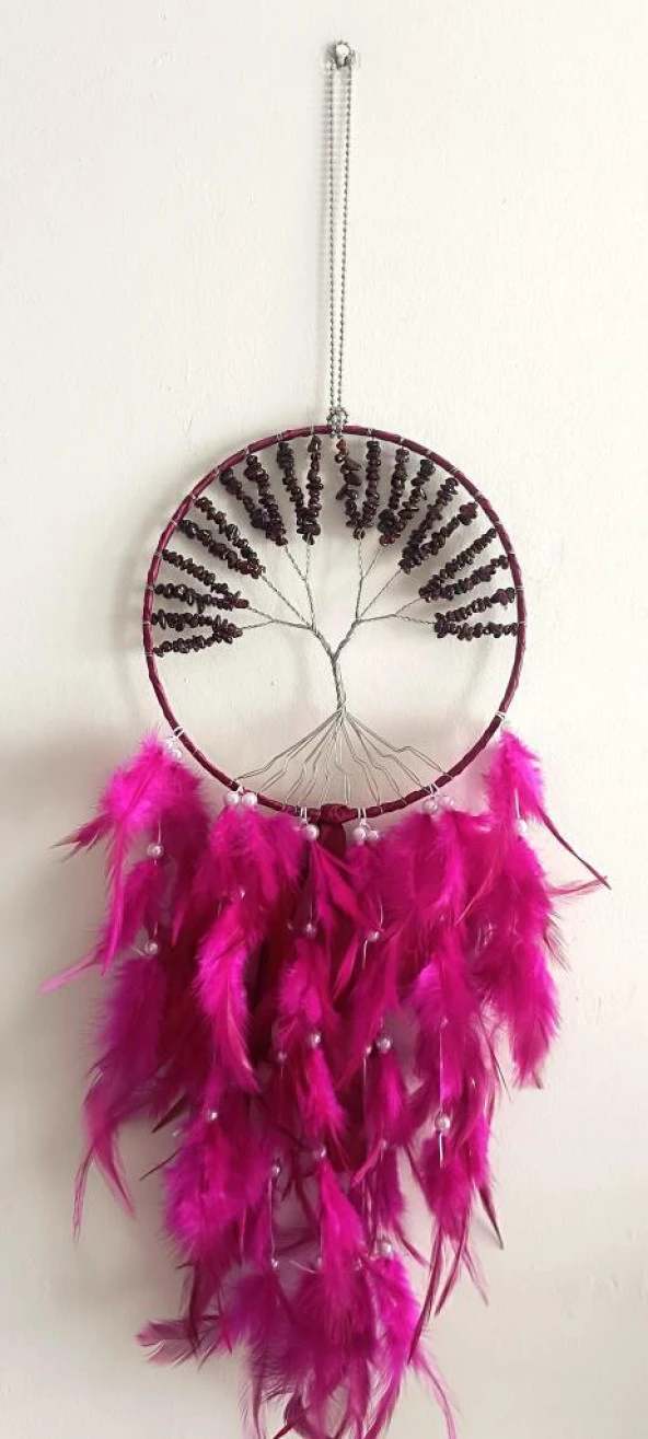 Düş Kapanı Tel Sarma İncili Hayat Ağacı Doğaltaş Kuş Tüylü Rüya Kapanı Duvar Süsü - 5