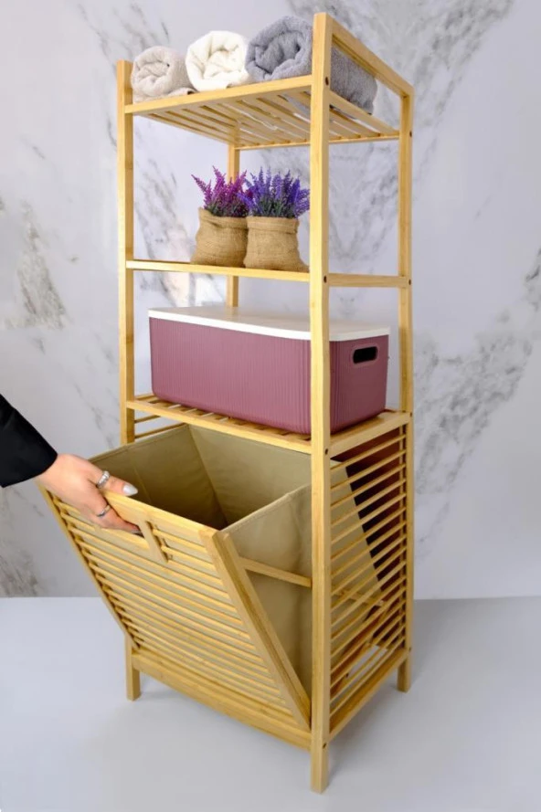 Digithome Bambu Kirli Sepetli 3 Raflı Çok Amaçlı Banyo Düzenleyici Çamaşır Sepeti Organizer DB-0002 - 2