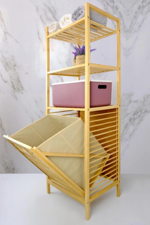 Digithome Bambu Kirli Sepetli 3 Raflı Çok Amaçlı Banyo Düzenleyici Çamaşır Sepeti Organizer DB-0002 - 3