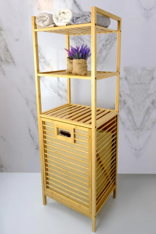 Digithome Bambu Kirli Sepetli 3 Raflı Çok Amaçlı Banyo Düzenleyici Çamaşır Sepeti Organizer DB-0002 - 4