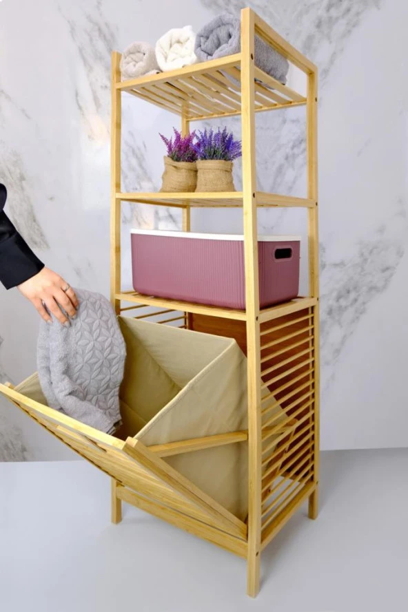 Digithome Bambu Kirli Sepetli 3 Raflı Çok Amaçlı Banyo Düzenleyici Çamaşır Sepeti Organizer DB-0002 - 5