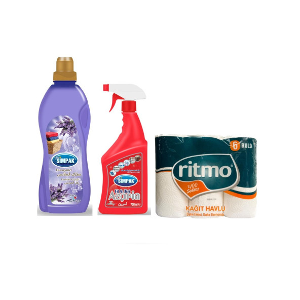 Ritmo 6'lı Kağıt Havlu+Simpak Yumuşatıcı 1500 Ml+Simpak Asprin 750 ml (3'lü Set) - 1