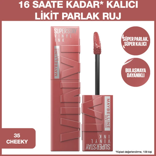 Maybelline New York Super Stay Vinyl Ink Uzun Süre Kalıcı Likit Parlak Ruj 35 Cheeky