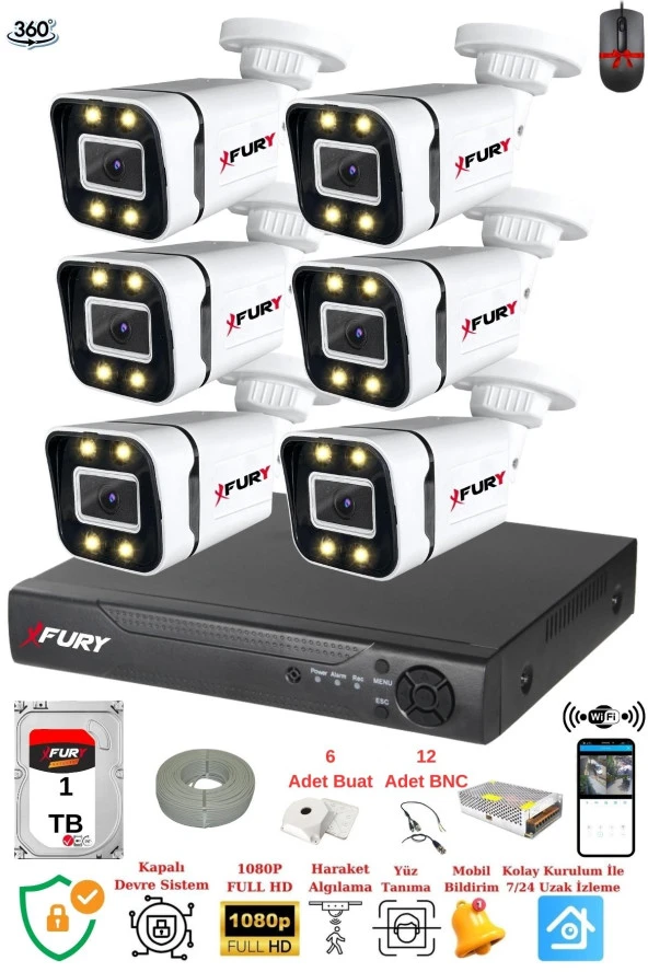 FURY 6 Kameralı Full Hd Gece Renkli - Su Geçirmez Ultra Led Güvenlik Kamerası Seti 1TB