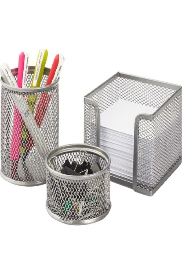 Metal Masa Üstü 3 Lü Kalemlik Seti Gri ürün görseli