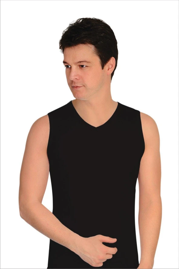 Erkek Siyah Likralı Sıfır Kol V Yaka Atlet ürün görseli