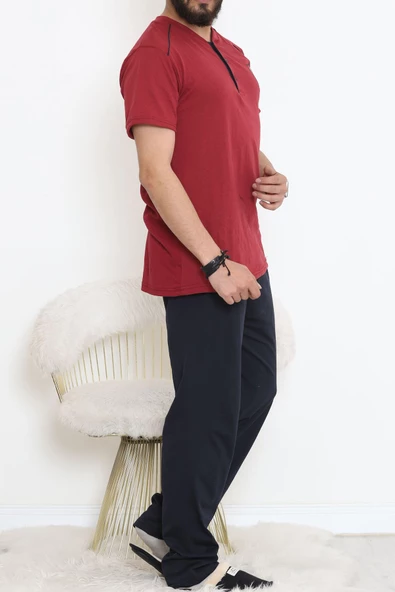 Düğmeli Erkek Pijama Takımı Bordolaci - 17370.1048. - 2