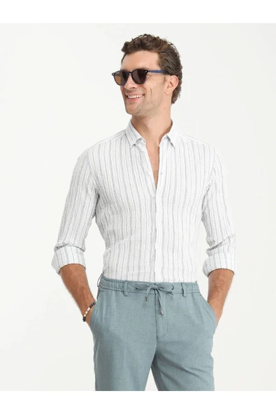 Kip Minimalist Keten Erkek Gömlek - Uzun Kol Çizgili - Günlük Şıklık - 3