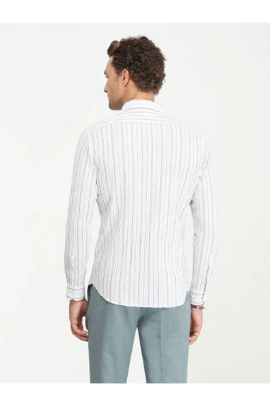 Kip Minimalist Keten Erkek Gömlek - Uzun Kol Çizgili - Günlük Şıklık - 5
