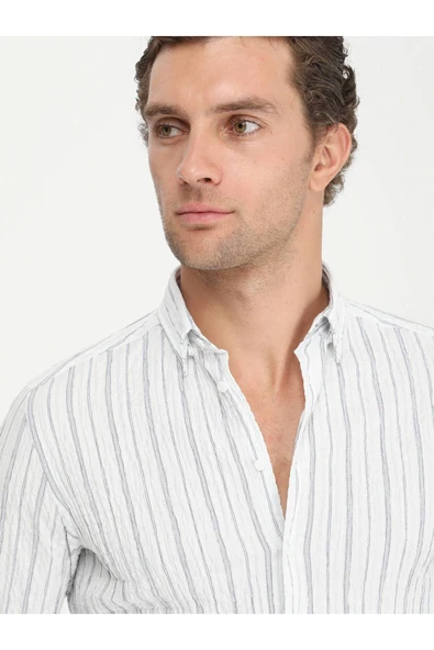 Kip Minimalist Keten Erkek Gömlek - Uzun Kol Çizgili - Günlük Şıklık - 4