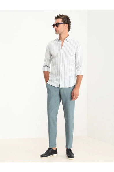 Kip Minimalist Keten Erkek Gömlek - Uzun Kol Çizgili - Günlük Şıklık - 2