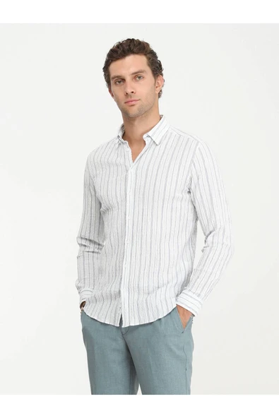 Kip Minimalist Keten Erkek Gömlek - Uzun Kol Çizgili - Günlük Şıklık