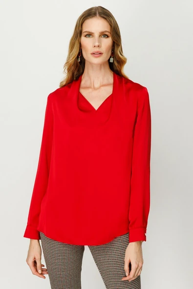 Ekol Kadın V Yaka Uzun Kol Saten Bluz - Minimalist Şıklık - 7