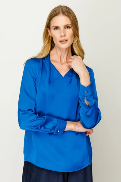 Ekol Kadın V Yaka Uzun Kol Saten Bluz - Minimalist Şıklık - 11