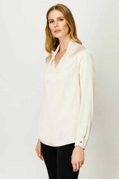 Ekol Kadın V Yaka Uzun Kol Saten Bluz - Minimalist Şıklık - 4