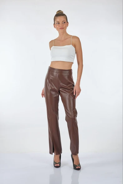 Unique Mode Yüksek Bel Minimalist Deri Pantolon - Şık ve Rahat - Resim 4