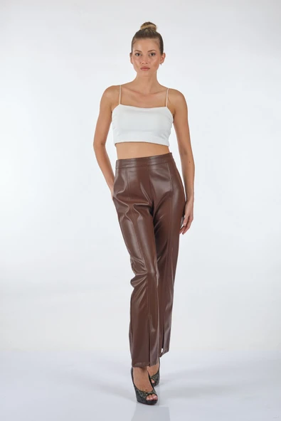 Unique Mode Yüksek Bel Minimalist Deri Pantolon - Şık ve Rahat - Resim 3