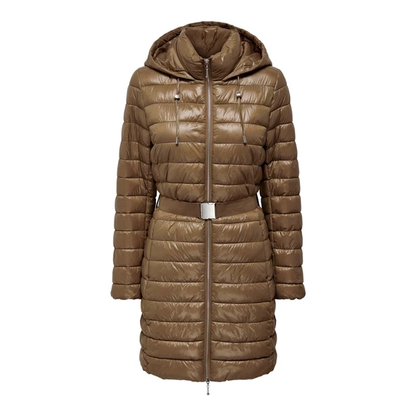 Only Kapüşonlu Kemer Detaylı Midi Şişme Mont Kadın Kışlık - 2