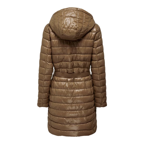 Only Kapüşonlu Kemer Detaylı Midi Şişme Mont Kadın Kışlık - 5