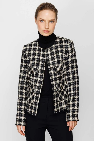 Ekol Minimalist Kareli Uzun Kol Kadın Ceket - Şık ve Zarif