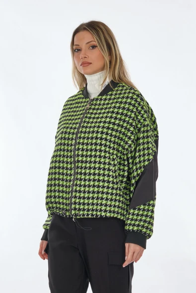 Unique Mode Oversize Houndstooth Desenli Fermuarlı Kadın Ceket - Günlük Şıklık - 6
